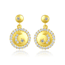 Star and Moon CZ 14K Real Gold Plated 925 Silver Earring for Women